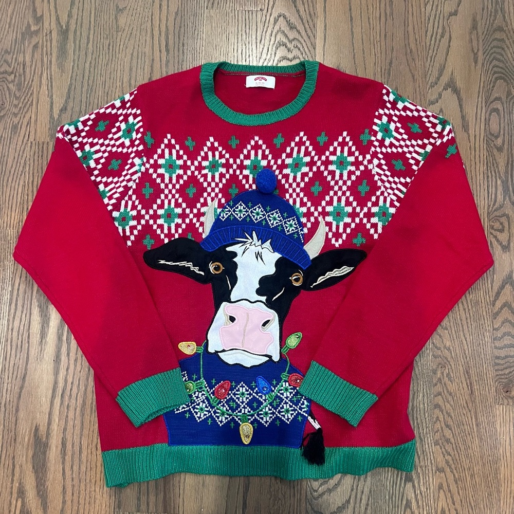 Holiday Time Red and Green Festive Cow Sweater